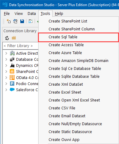 Tools Menu - Create SQL Table