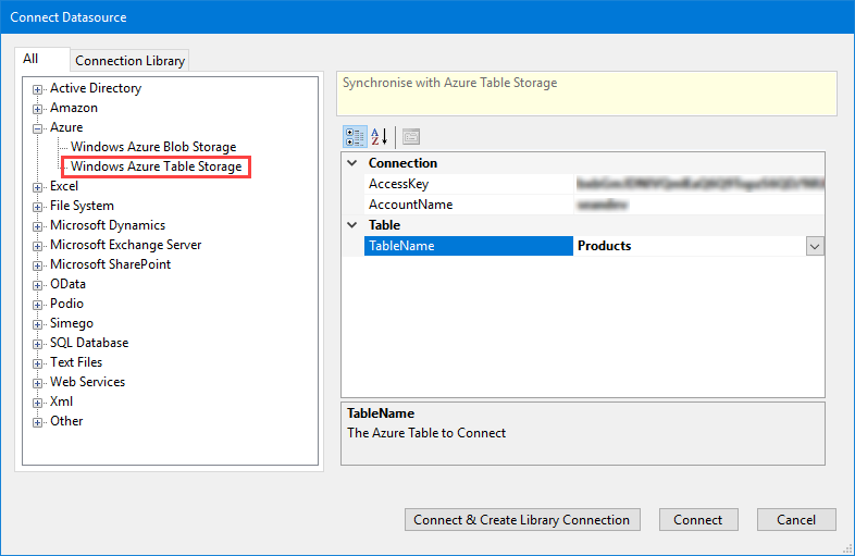 Connect to Azure Table Storage