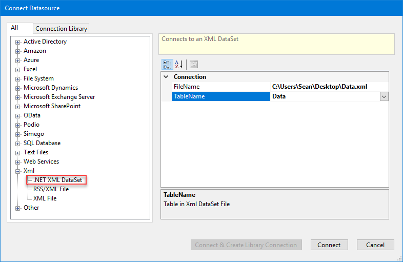 Connect to XML DataSet File