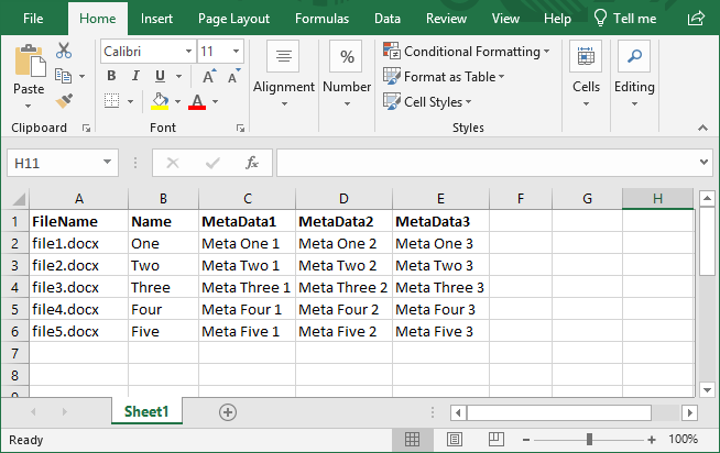 Excel metadata