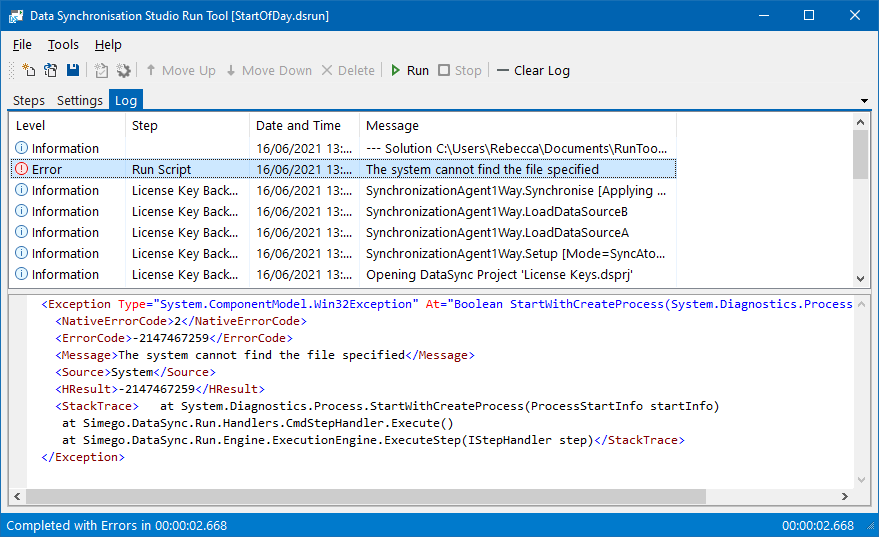 Run Tool Logging Errors